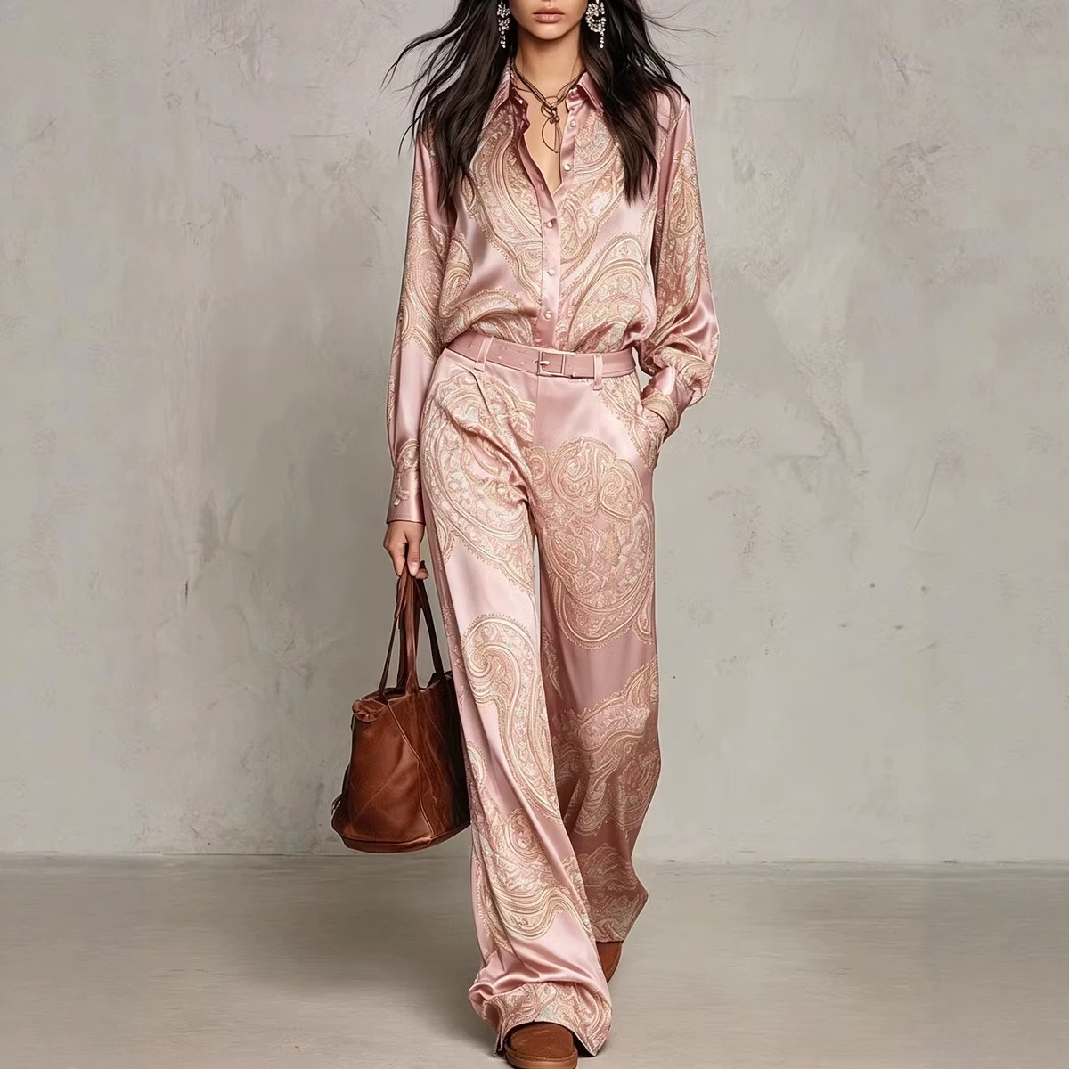 Paisley Print Long-Sleeve Shirt and Wide-Leg Pants Set