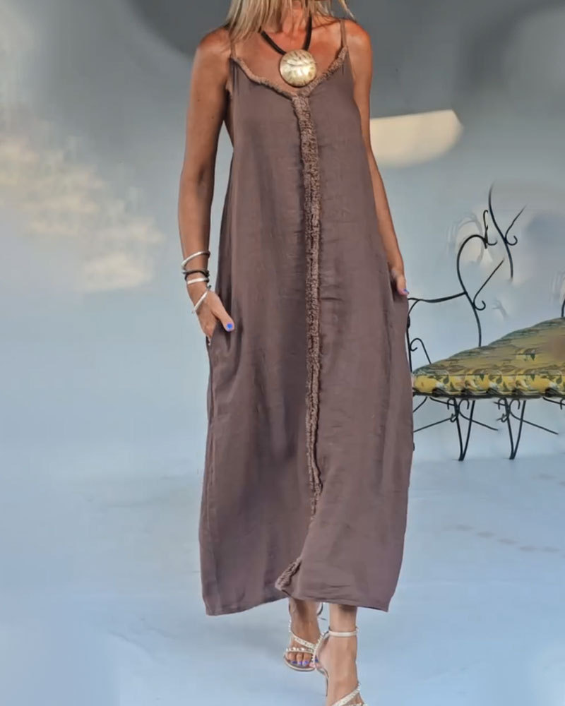 Women's Loose Casual Solid Color Sleeveless V-Neck Midi Dress
