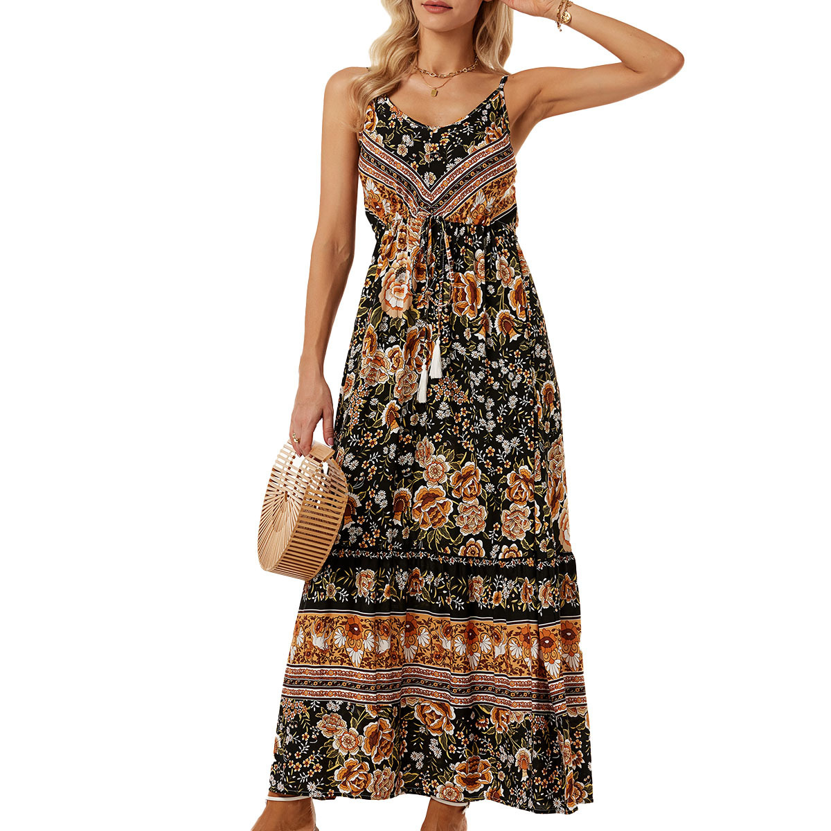 Bohemian Printed Sleeveless V-Neck A-Line Maxi Dress with Tassels