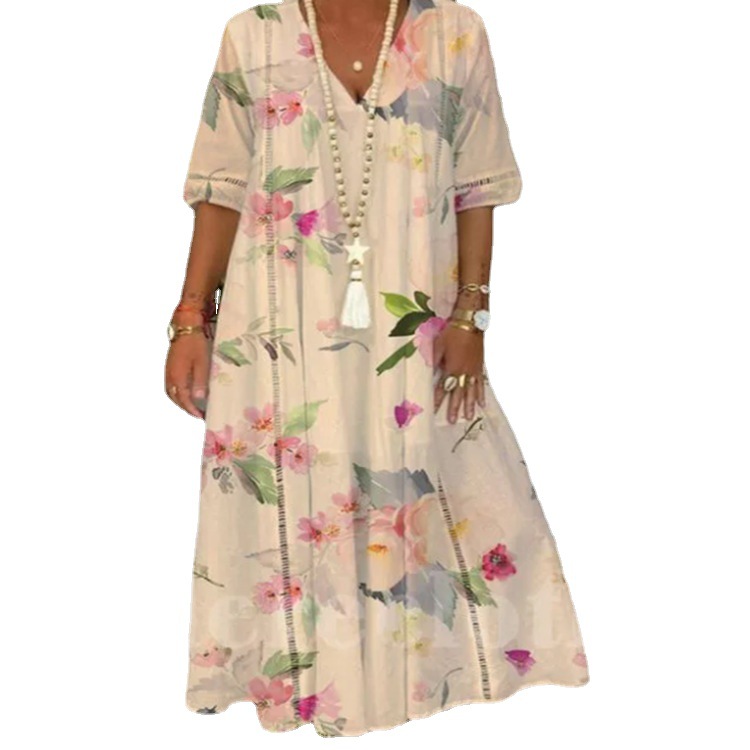 Women's Summer Long Sleeve Printed Lace Trim Dress