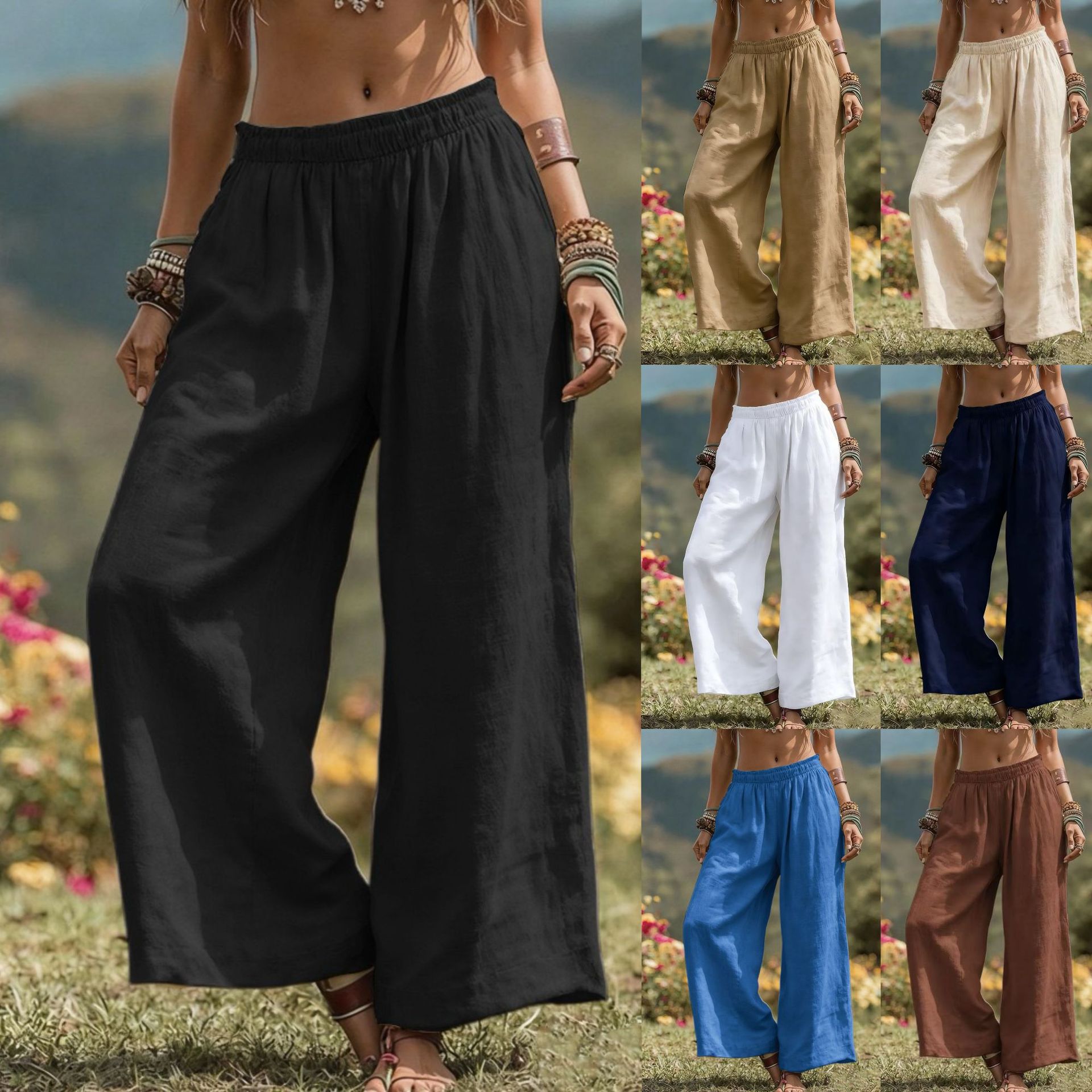 Women's Solid Color Wide-Leg Pants with Side Pockets and Elastic Waist