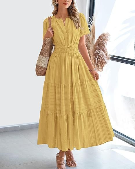 Women's V-Neck Ruffle Bubble Sleeve Layered Maxi Dress