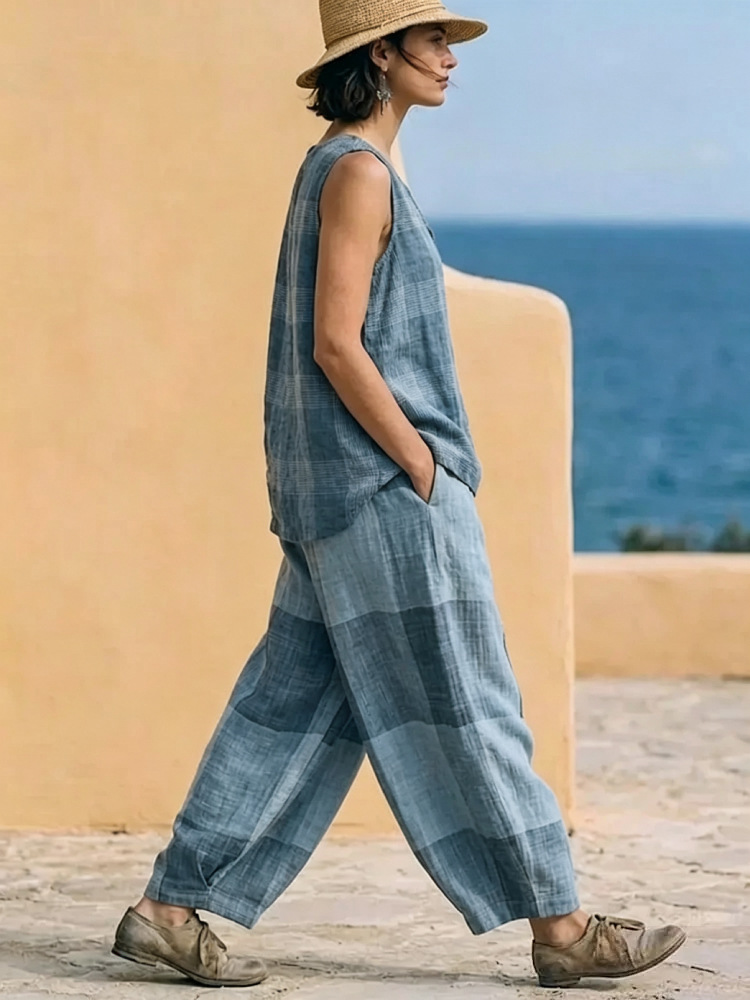 Women's Plaid Sleeveless Top and Wide-Leg Pants Two-Piece Set