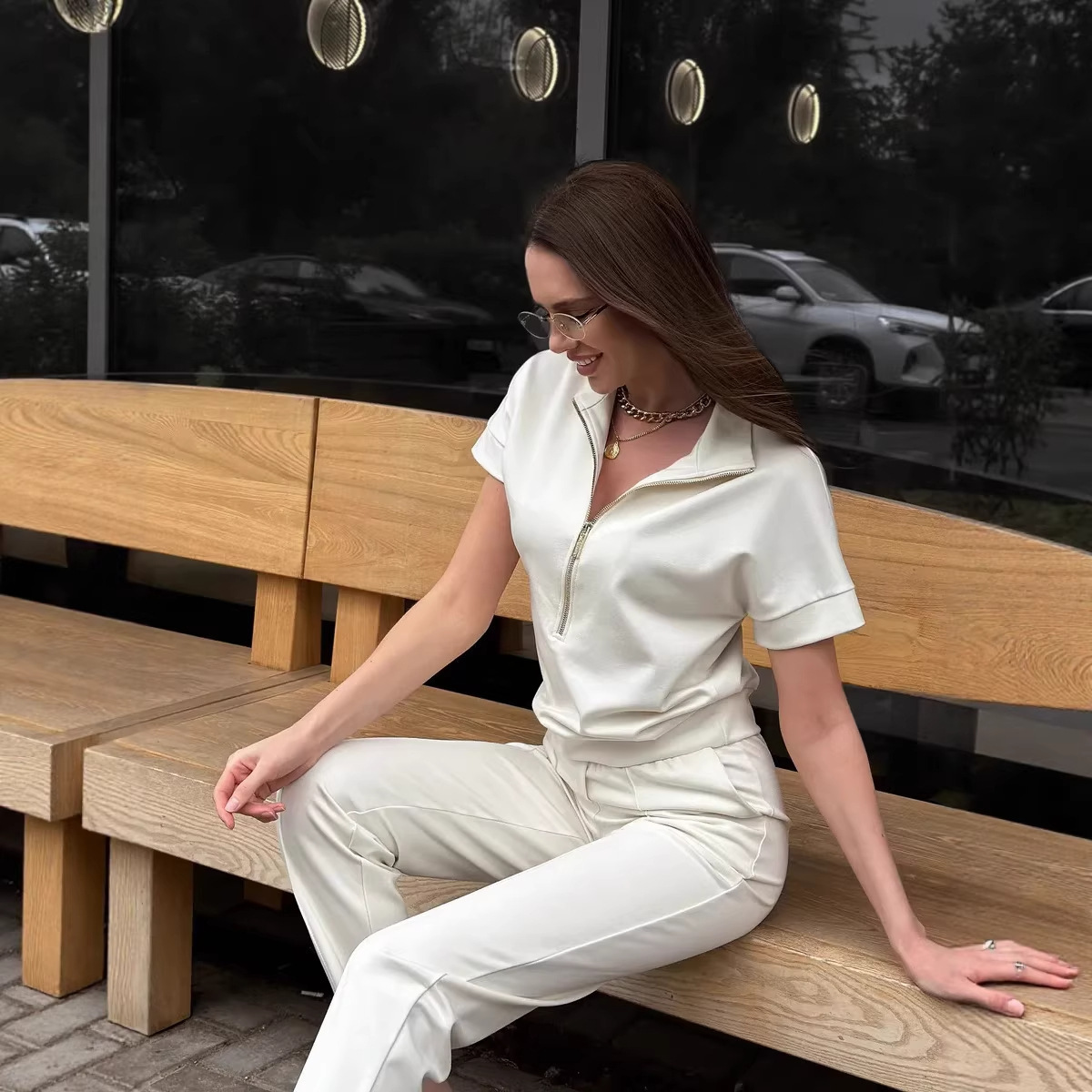 Women's Solid Color Loose Short Sleeve Tee and Pants Two-Piece Set