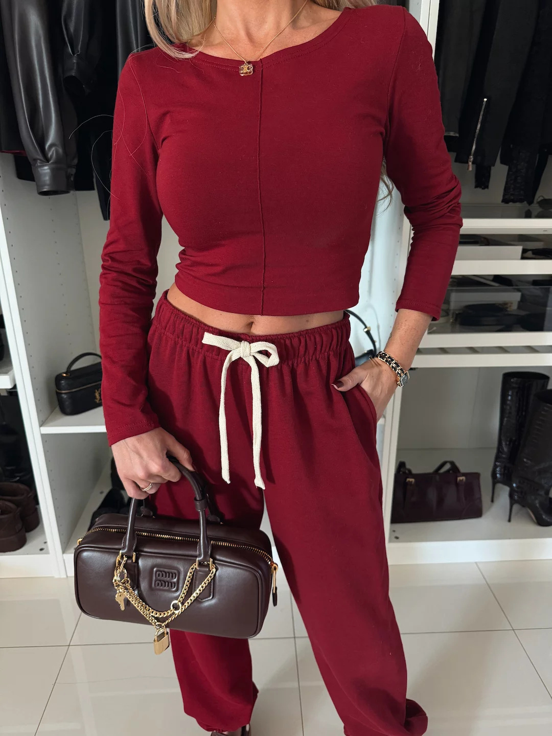 Women's Solid Color Crop Top and Elastic Waist Pants 2-Piece Set