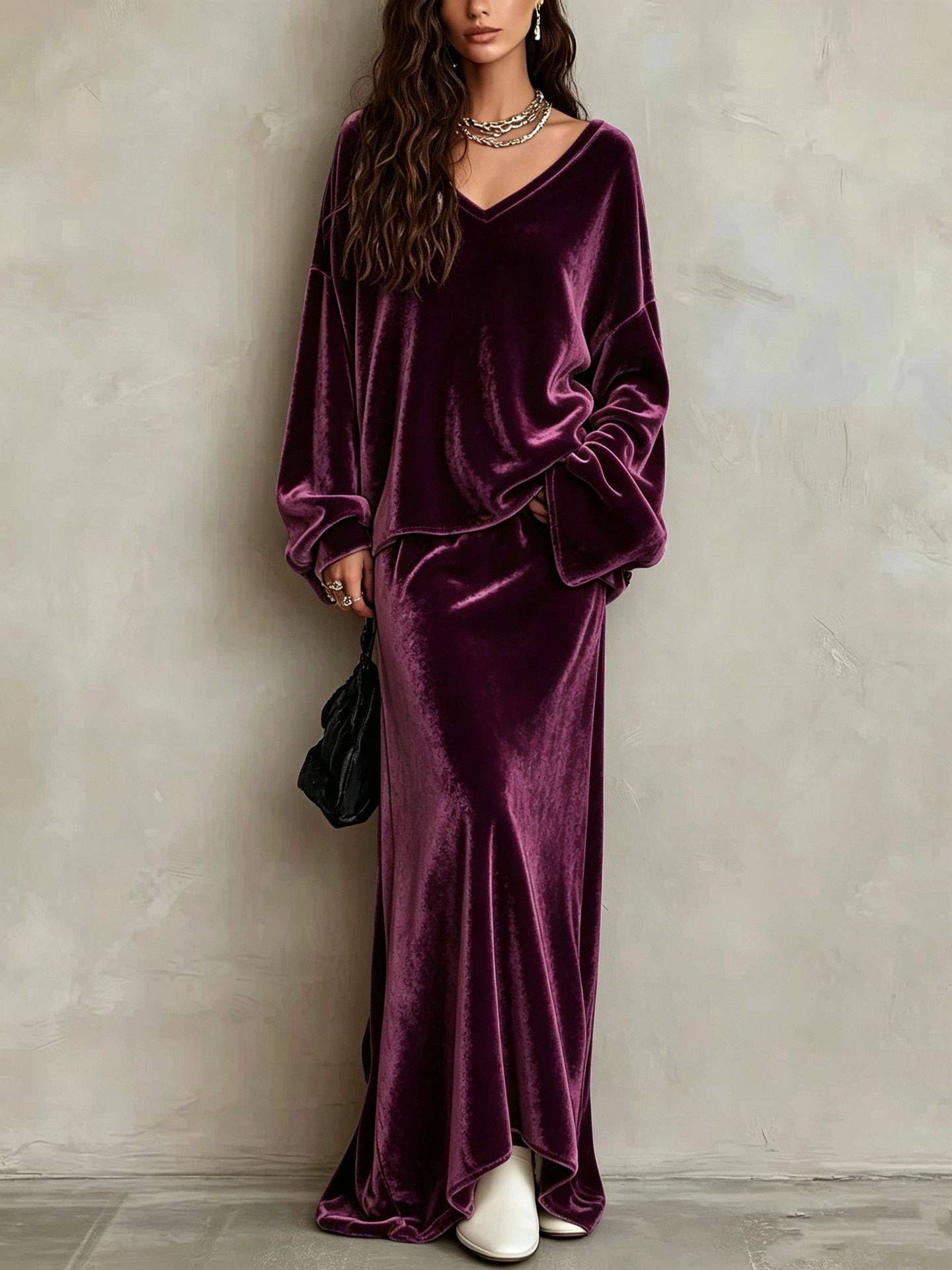 Solid Velvet V-Neck Long Sleeve Women's Skirt Set