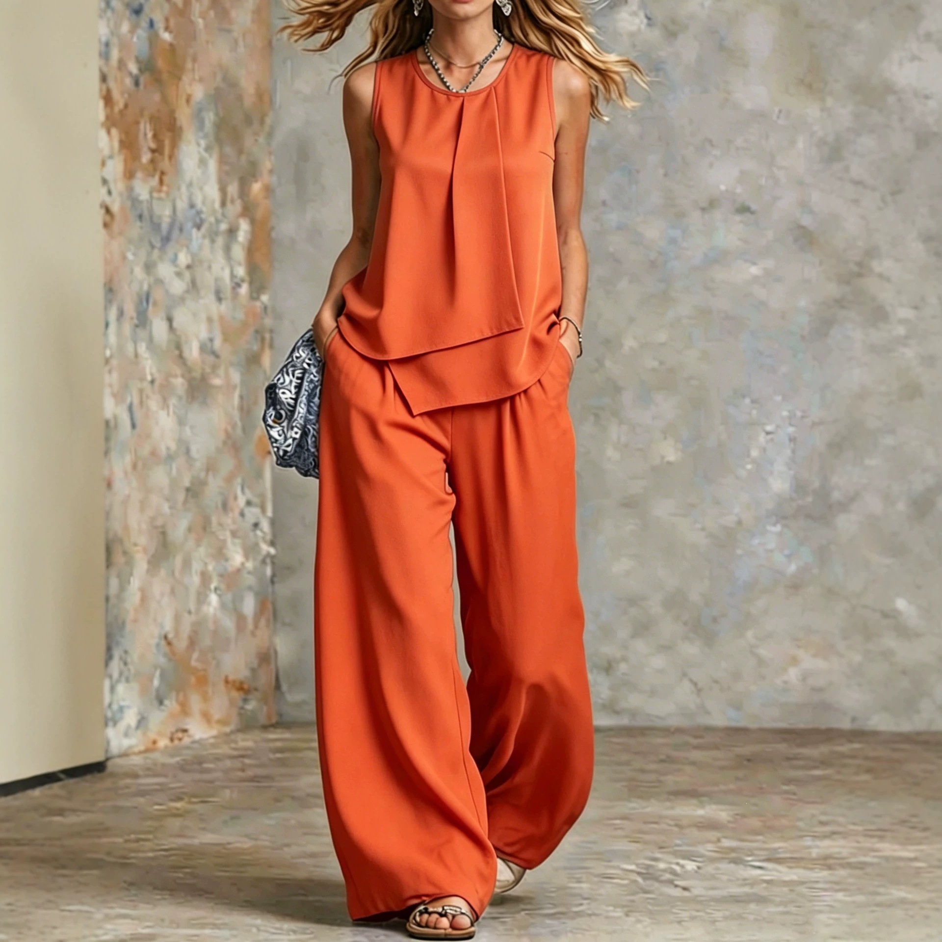 Elegant Sleeveless Solid Asymmetrical Top & Wide-Leg Pants Set