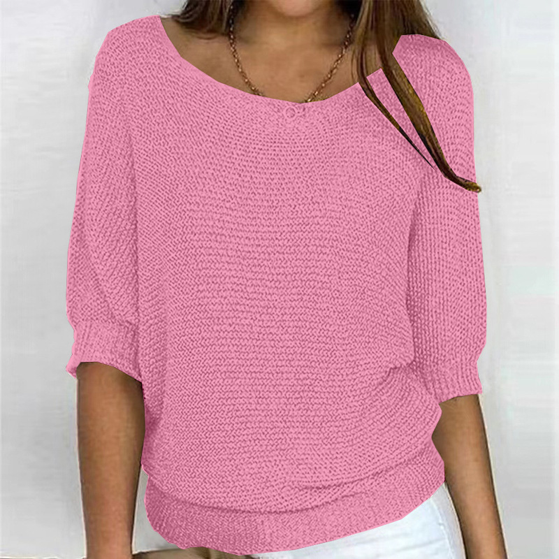 Women's Solid Crewneck Knit Top with Three-Quarter Sleeves