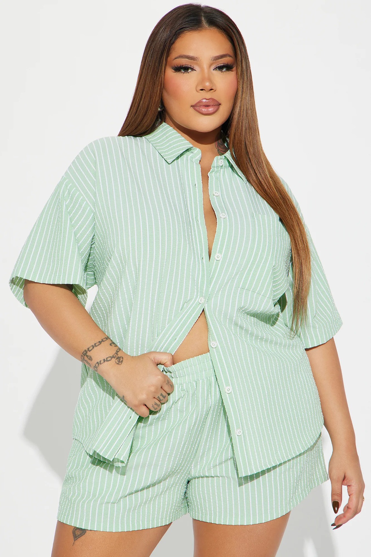 Women's Striped Short Sleeve Shirt and Elastic Waist Shorts Two-Piece Set