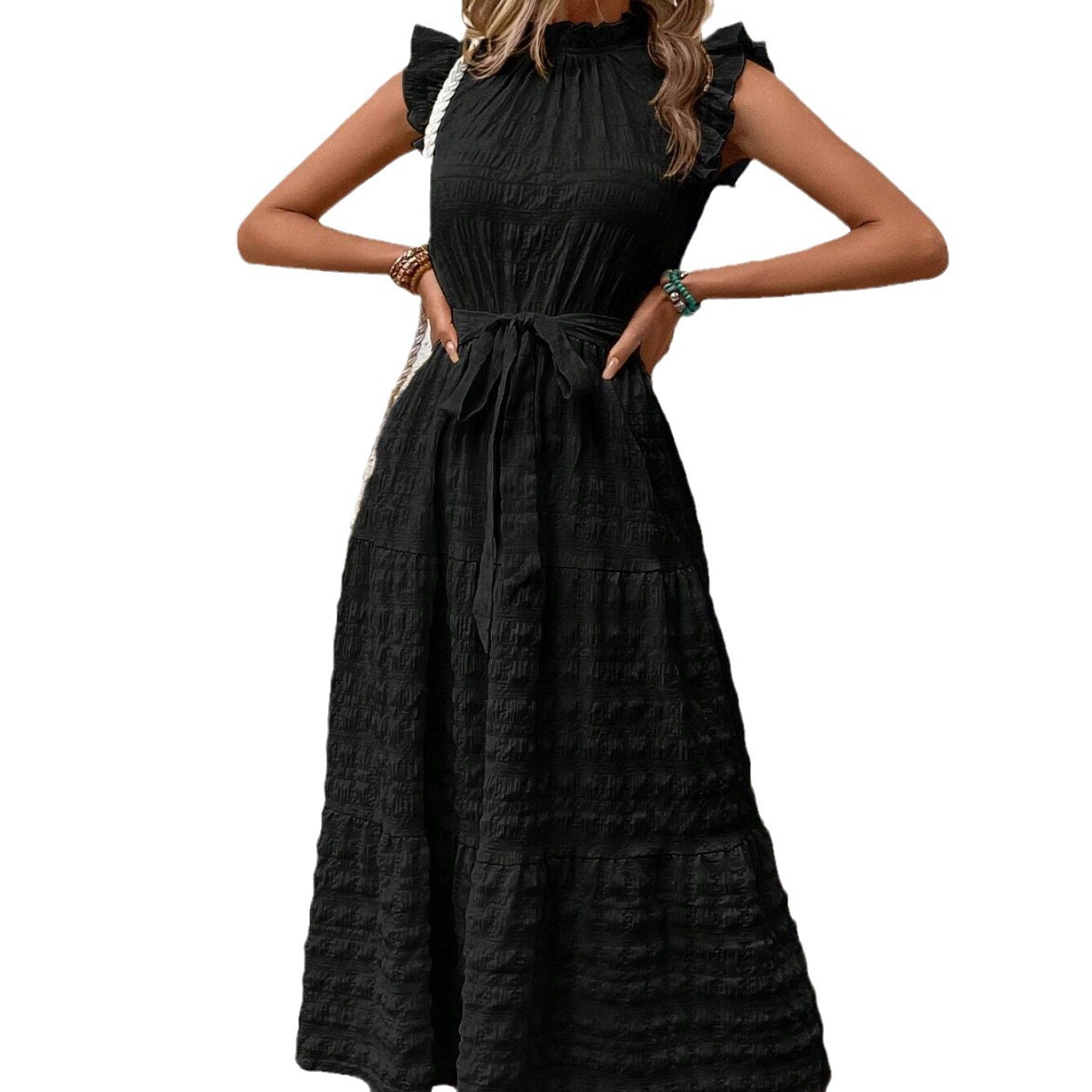 Women's Summer Ruffle Trim Flutter Sleeve Tie Textured Dress