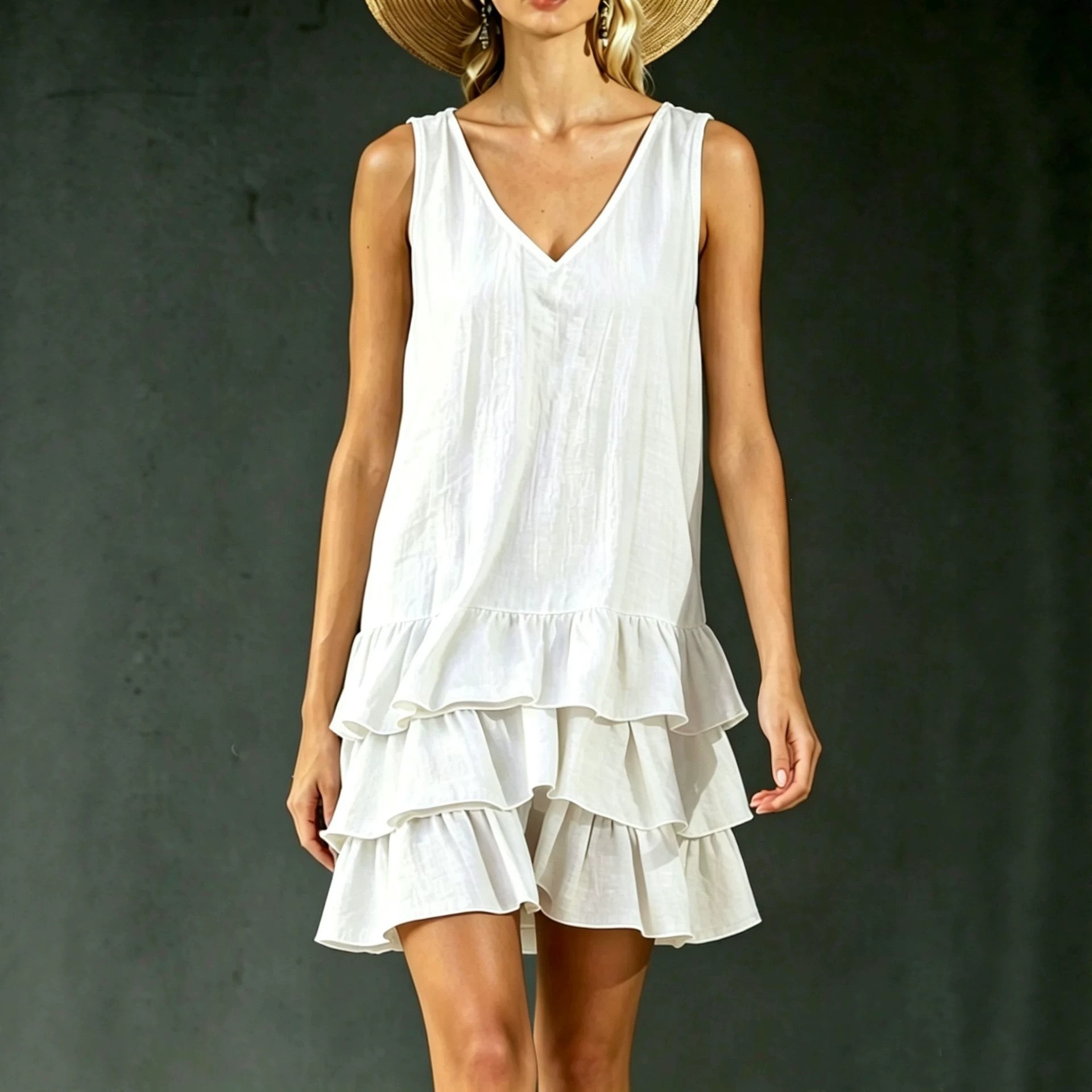 Women's V-Neck Sleeveless Midi Dress with Patchwork Detail