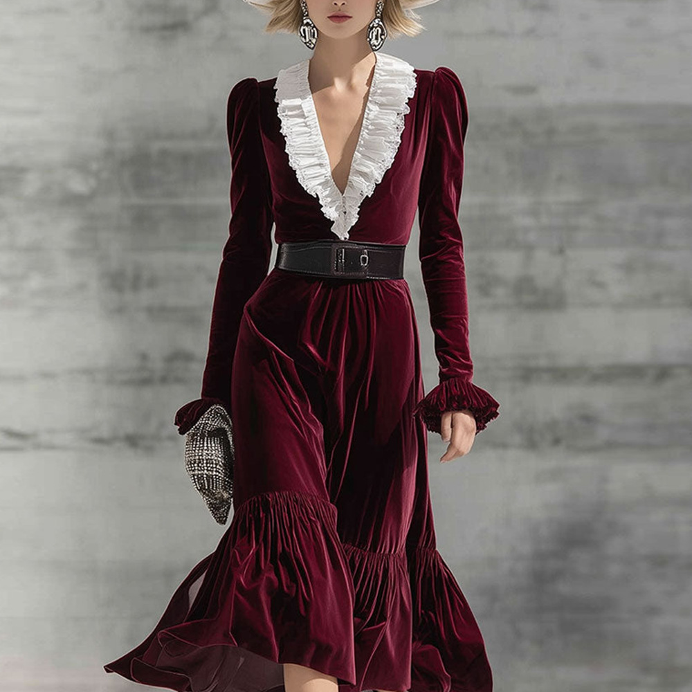 V-Neck Color-Block Long Sleeve Mermaid Dress