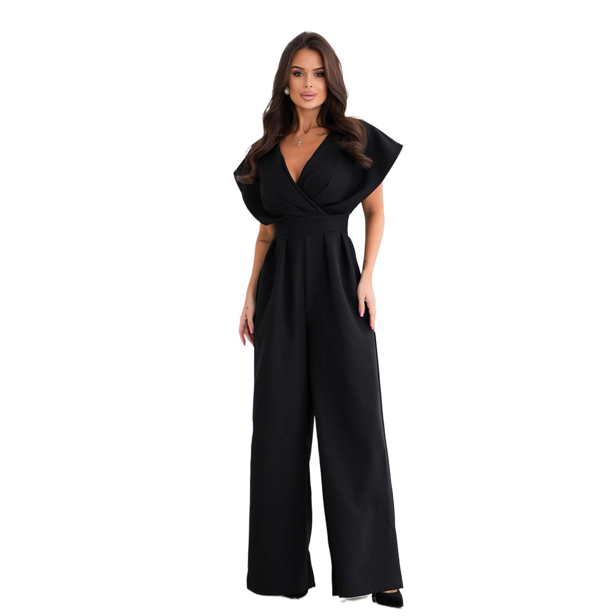 Women's V-Neck Solid Color Waist-Cinched Jumpsuit