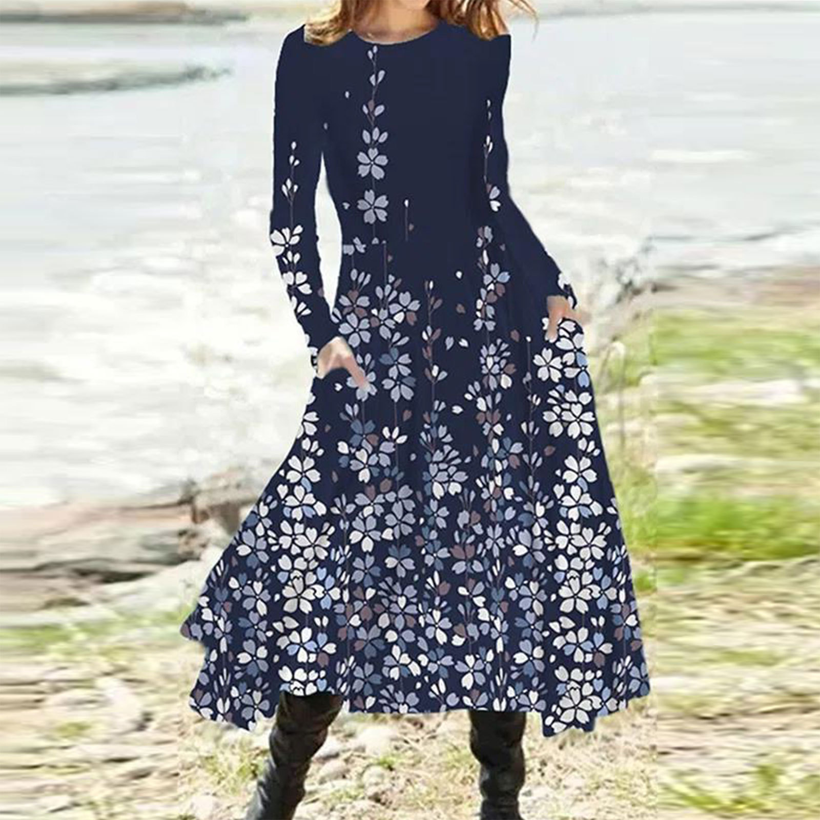 Gradient Print Long Sleeve Midi Dress with Pockets