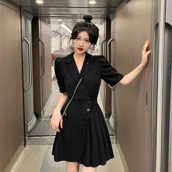 Asymmetric Blazer Dress with Pleated Bubble Sleeves and Waist-Cinching Fit