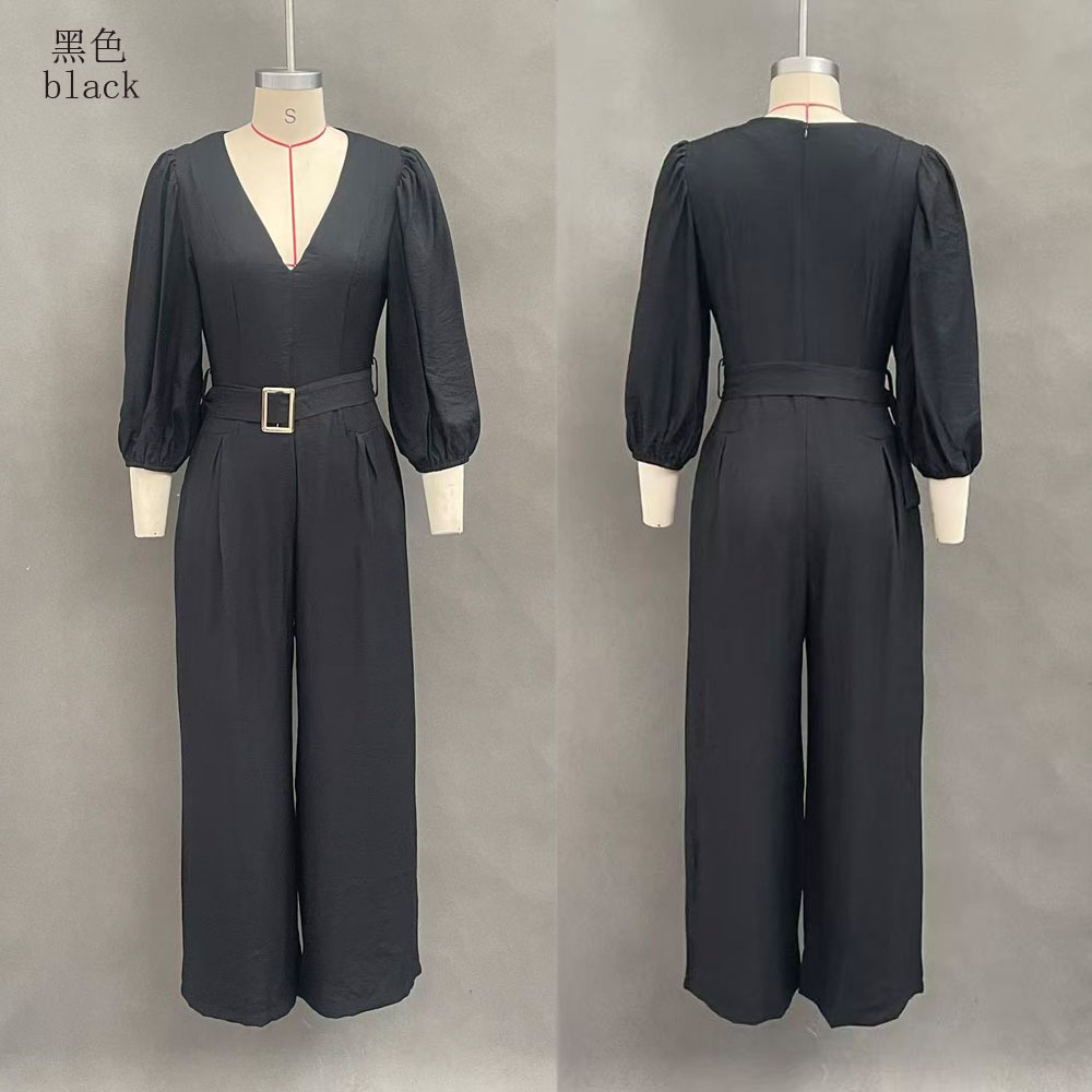 Women's Casual Solid Deep V-Neck Loose Jumpsuit