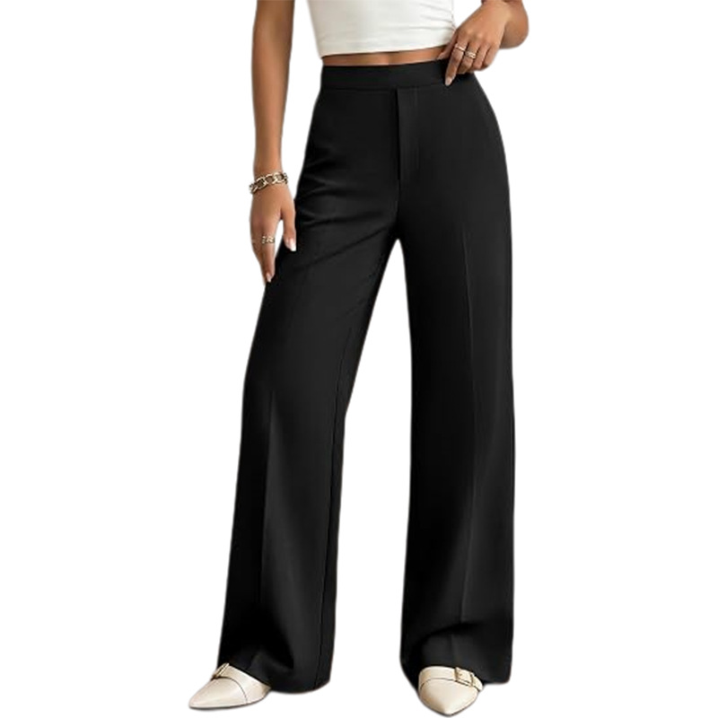 Women's Solid Color Wide-Leg Pants Elastic Waist Casual Commuter Trousers