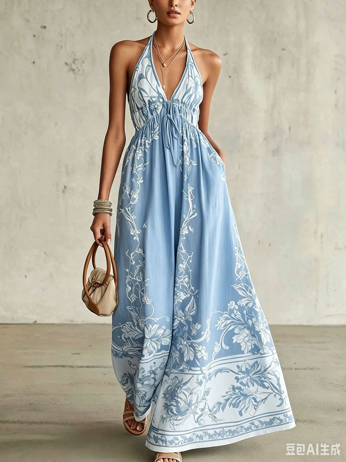 Bohemian V-Neck Sleeveless Maxi Dress Floral Print Beach Vacation