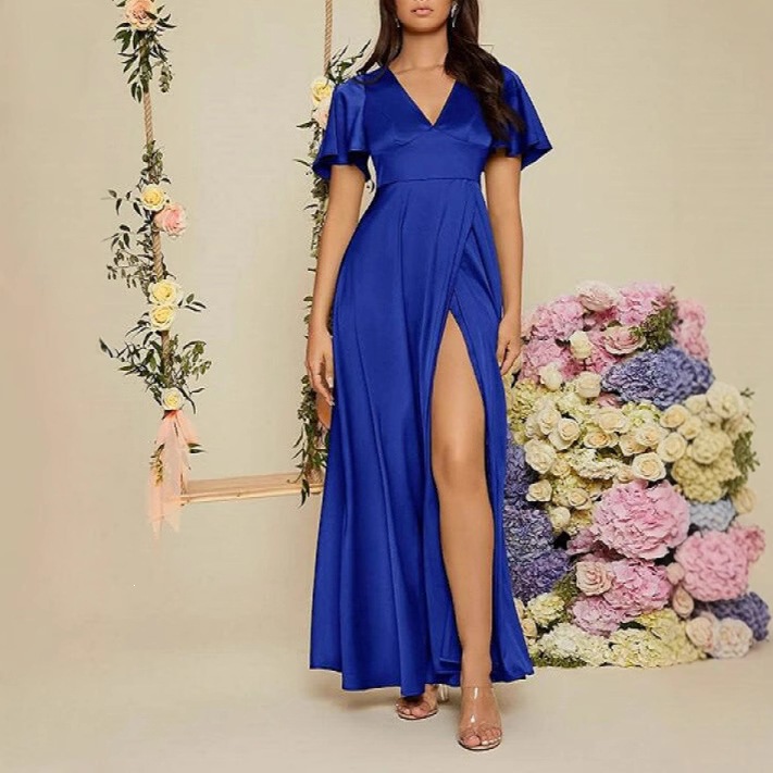 Women's Solid V-Neck Short Sleeve High Waist Long Dress