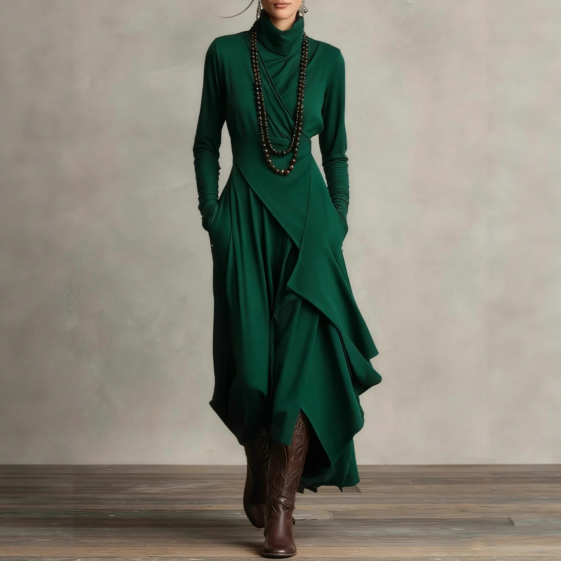 Women's Long Sleeve Cross Front High Neck A-Line Maxi Dress