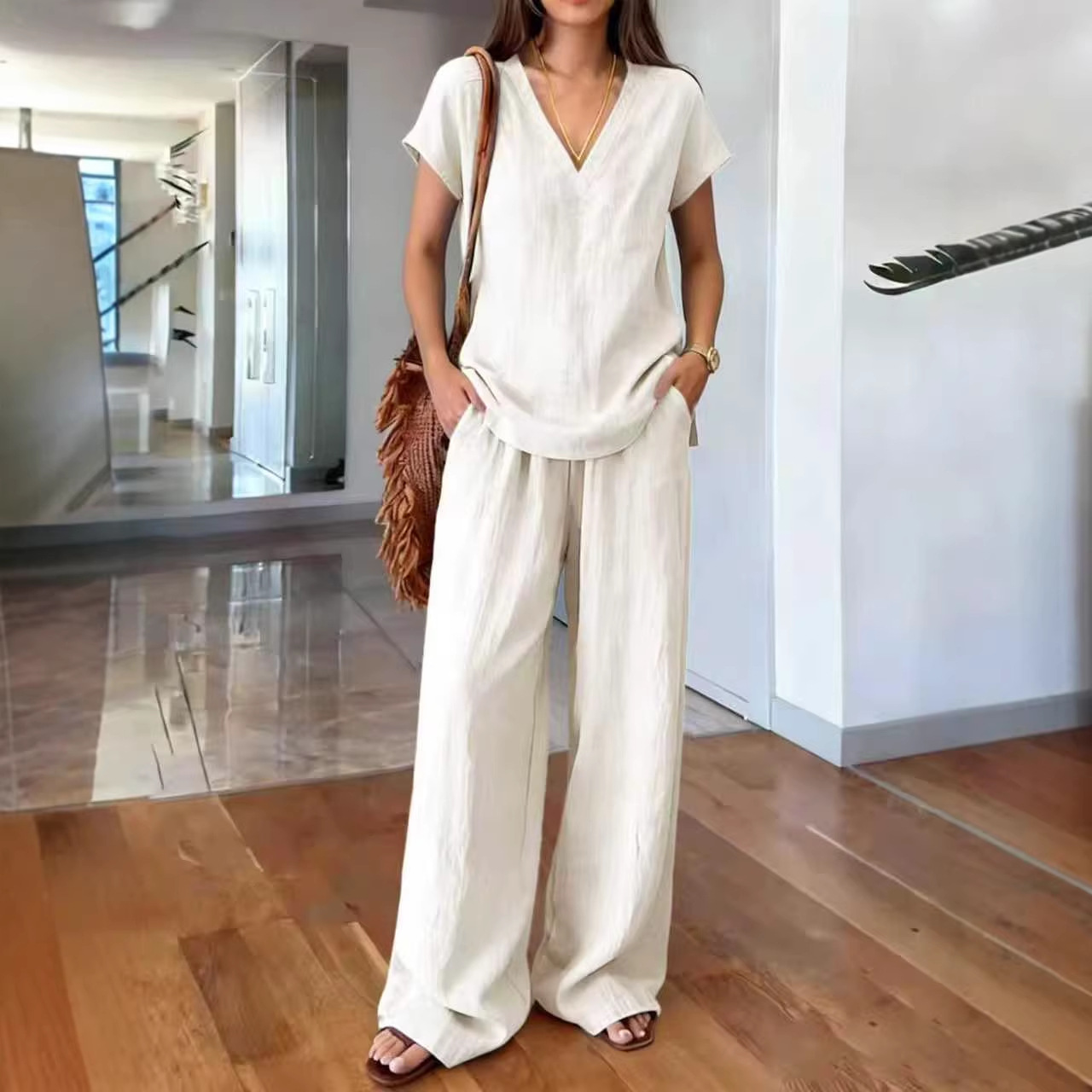 Women's Solid Color Summer Two-Piece Pants Set with T-Shirt