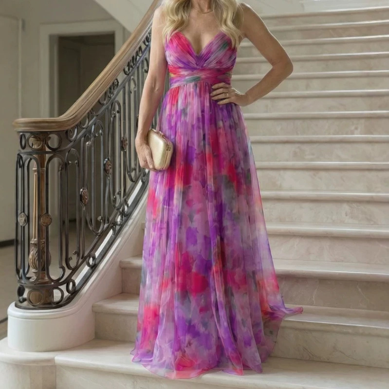 Digital Print Chiffon Long Dress with Cinched Waist