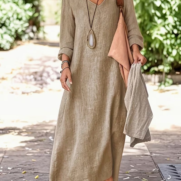 Women's Solid V-Neck Loose Long Dress with Flared Hem