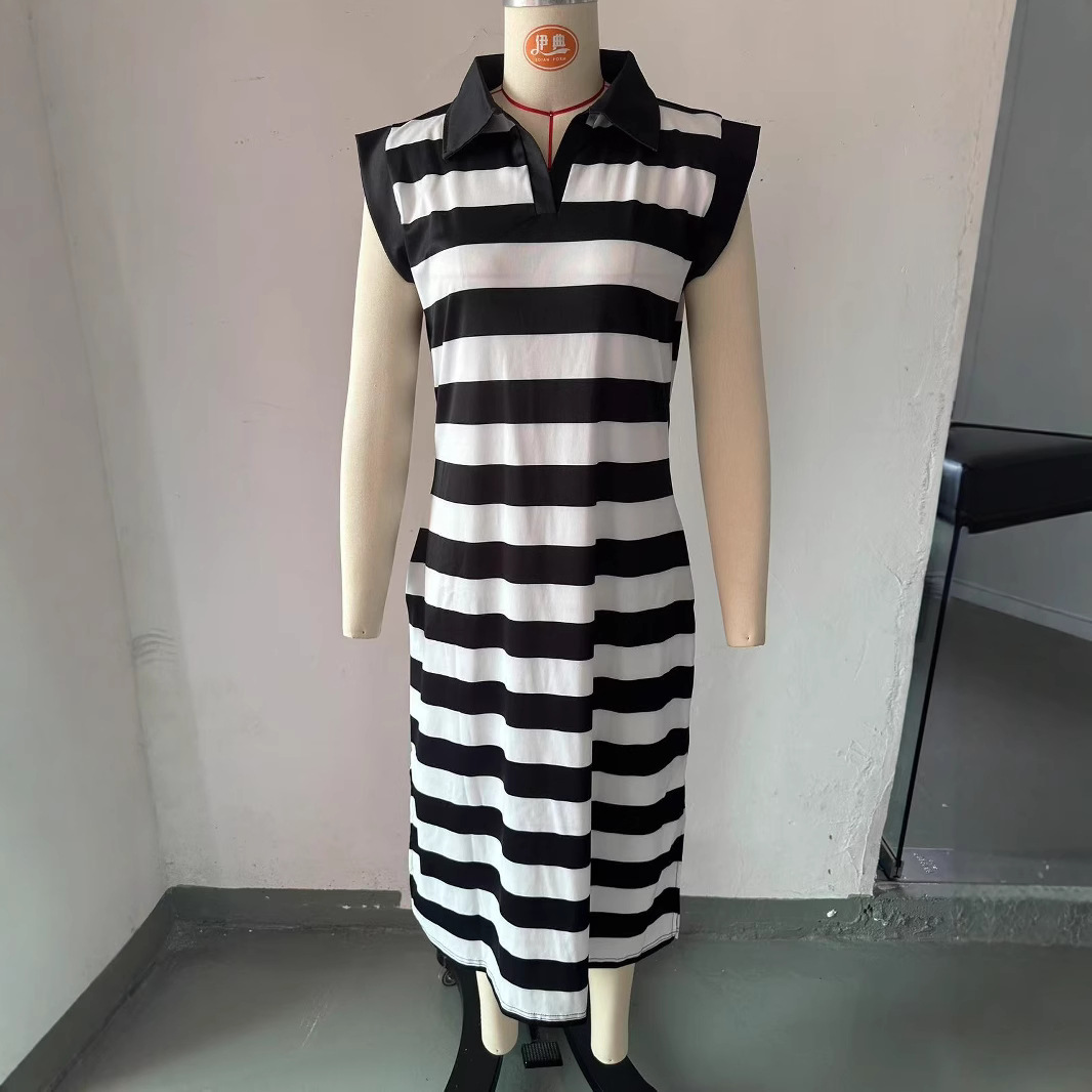 Striped Collared Long Dress with Pockets
