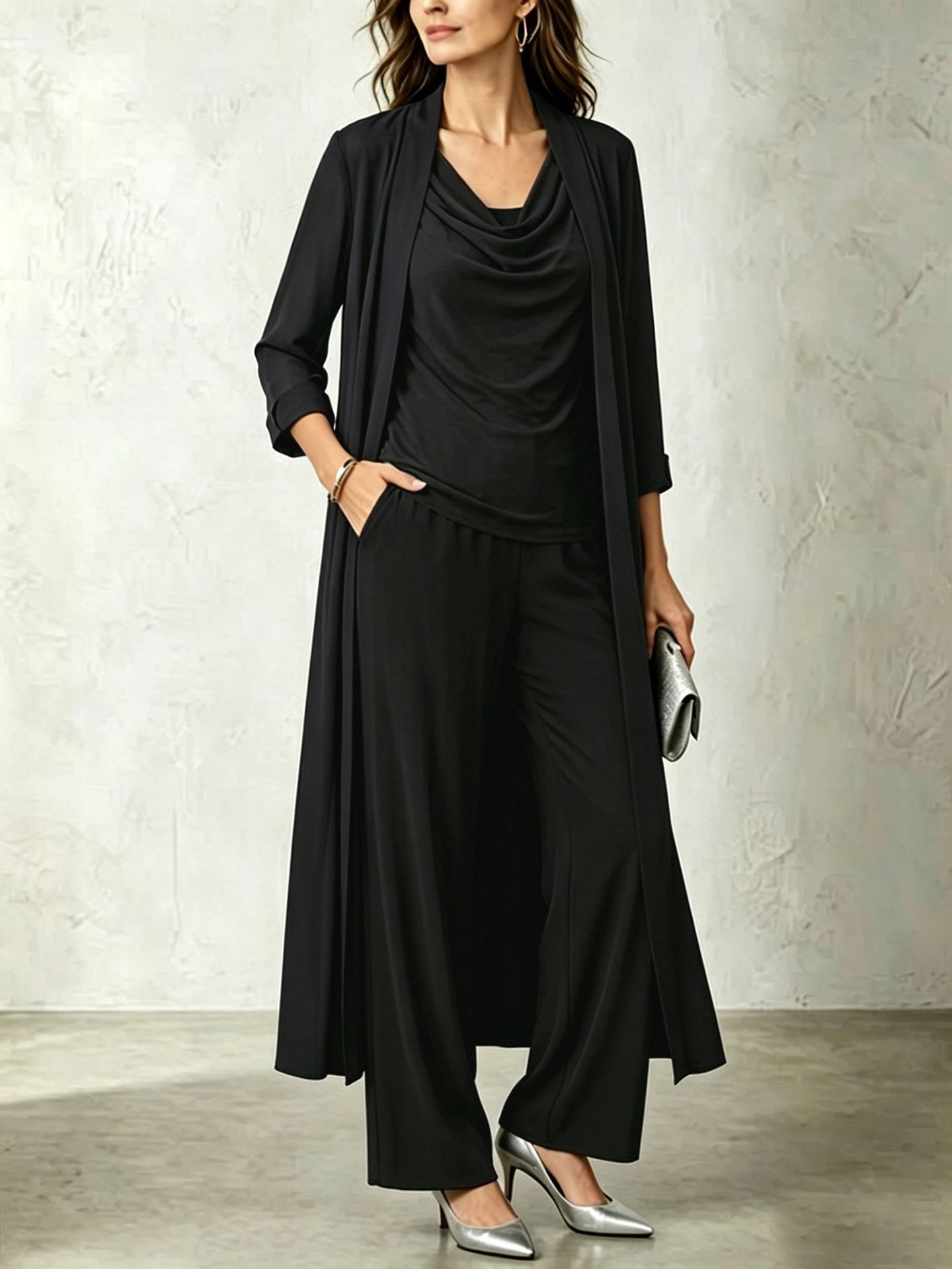 Minimalist Long Sleeve Draped Neck Cardigan and Pants Three-Piece Set