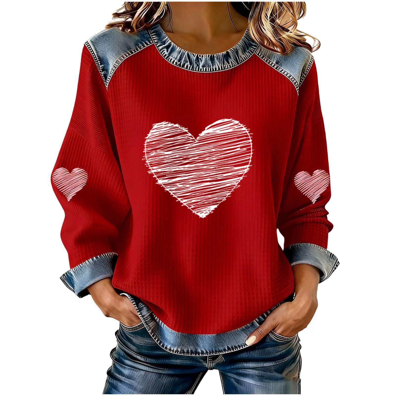 Women's Heart Print Crewneck Sweatshirt