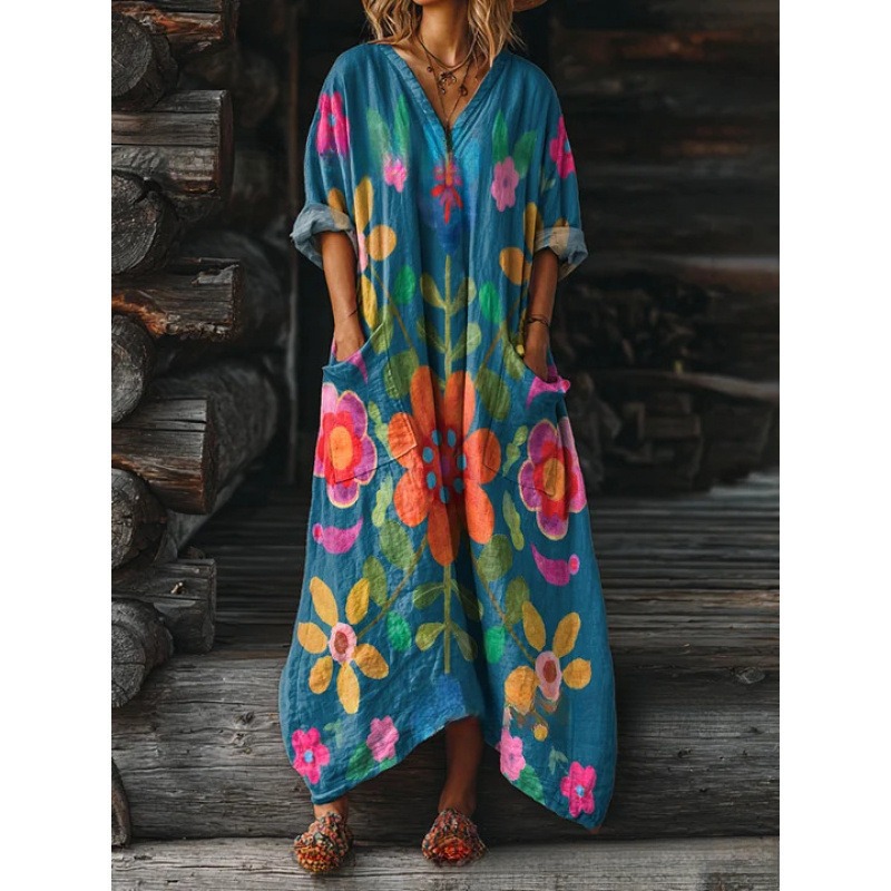 Women's Floral Ripple Print V-Neck A-Line Midi Dress Long Sleeve