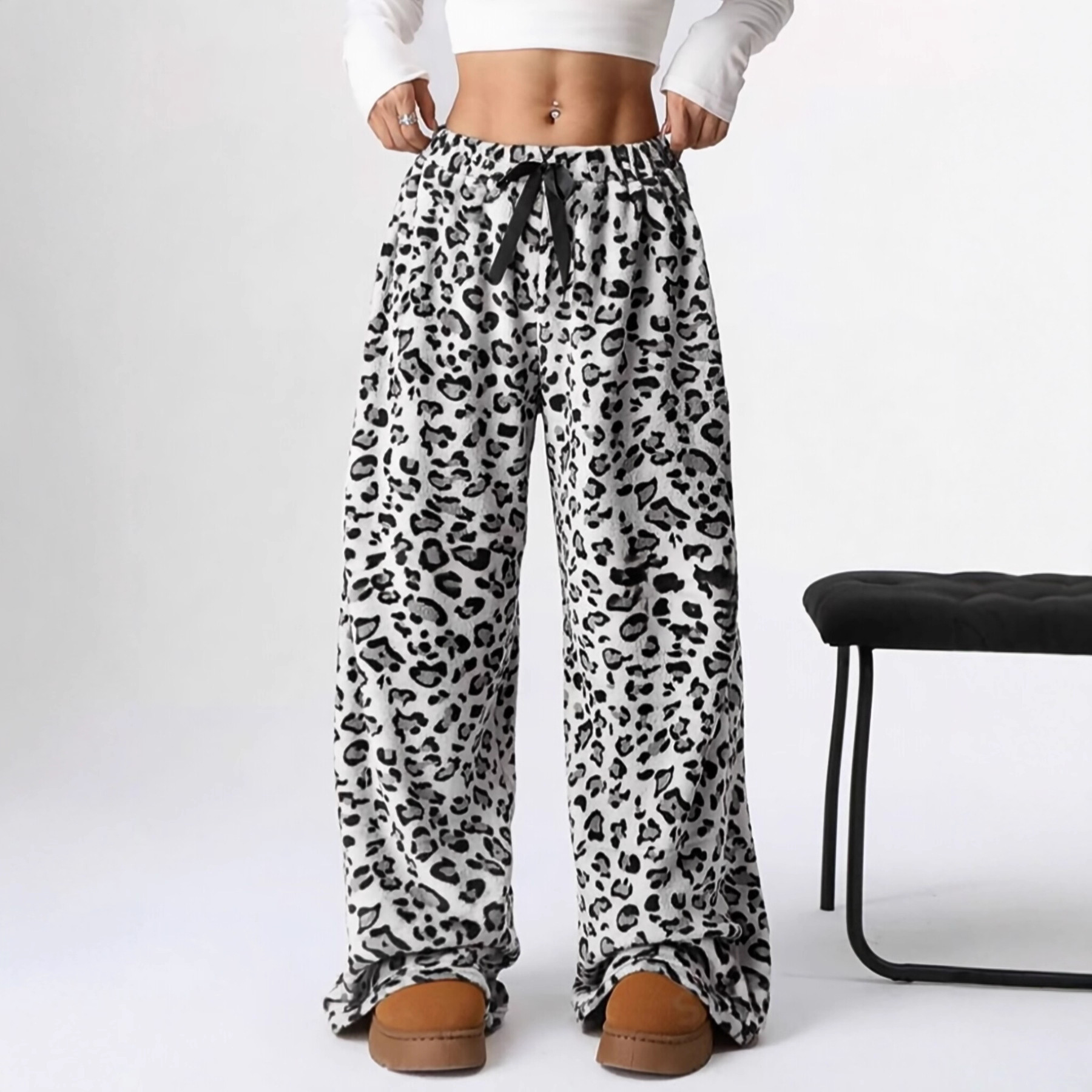 Leopard Print Wide-Leg Casual Pants