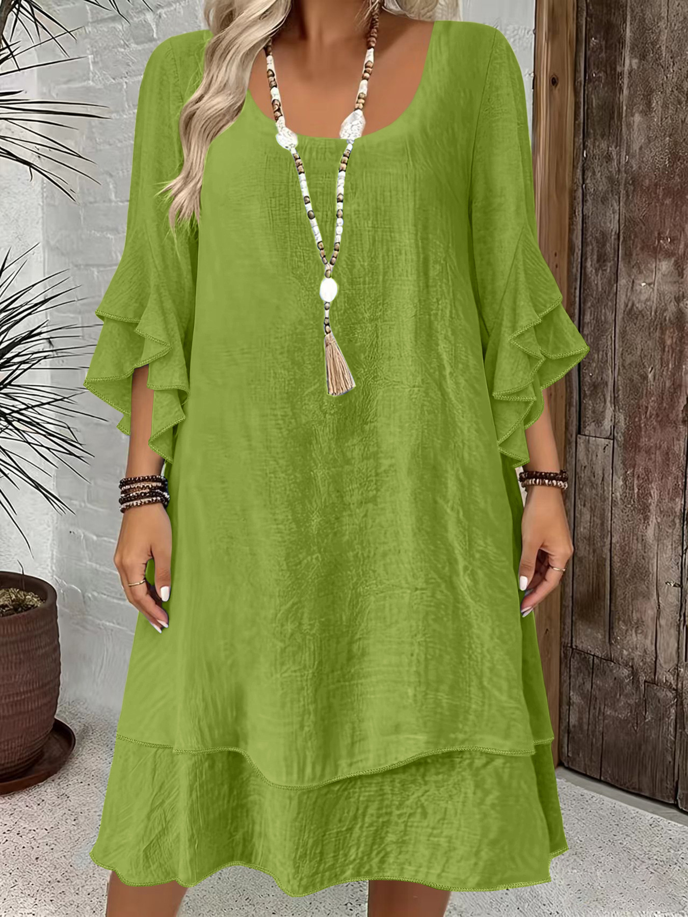 Elegant Ruffle Bell Sleeve Round Neck Midi Dress