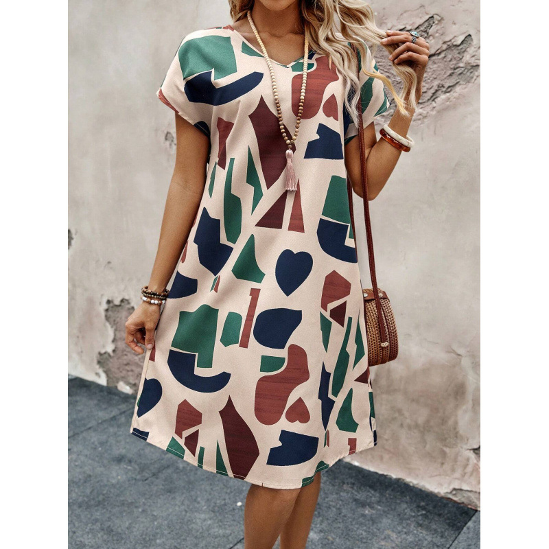 Women's V-Neck Geometric Print Short Sleeve Dress