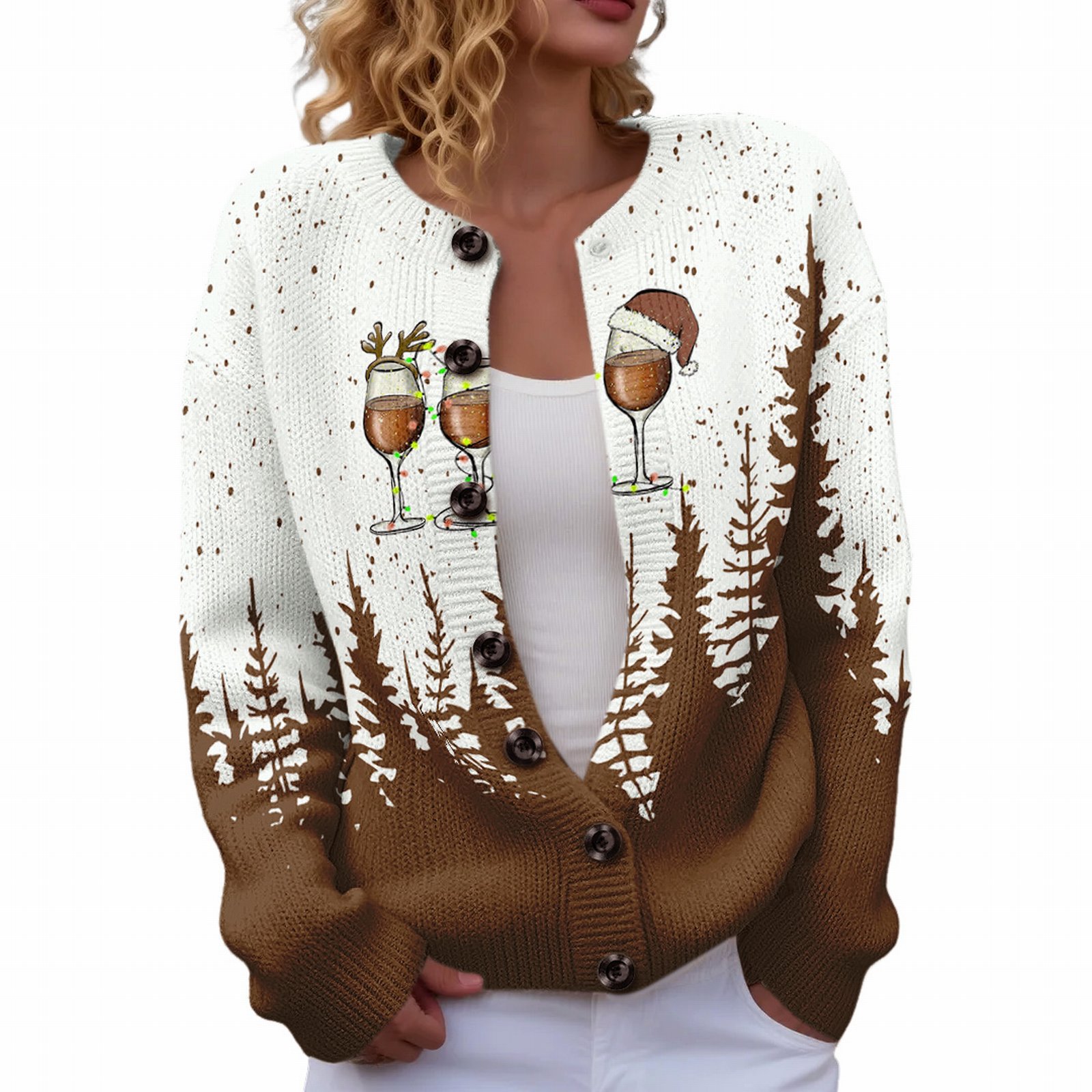 Women's Christmas Reindeer Forest Print Button Cardigan Sweater