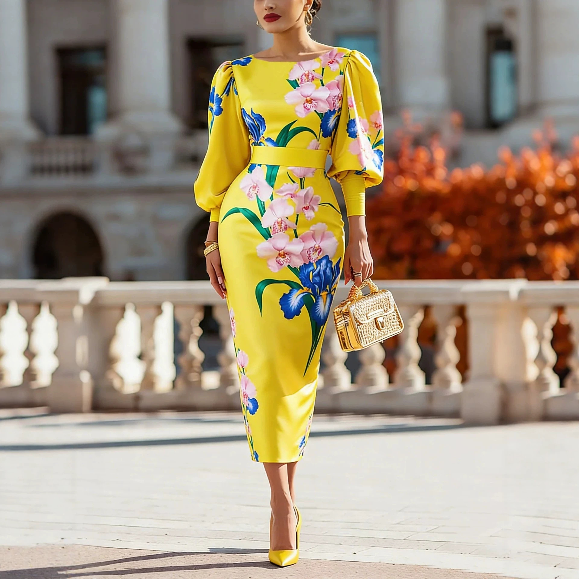 Yellow Floral Print Boat Neck Puff Sleeve Bodycon Midi Dress