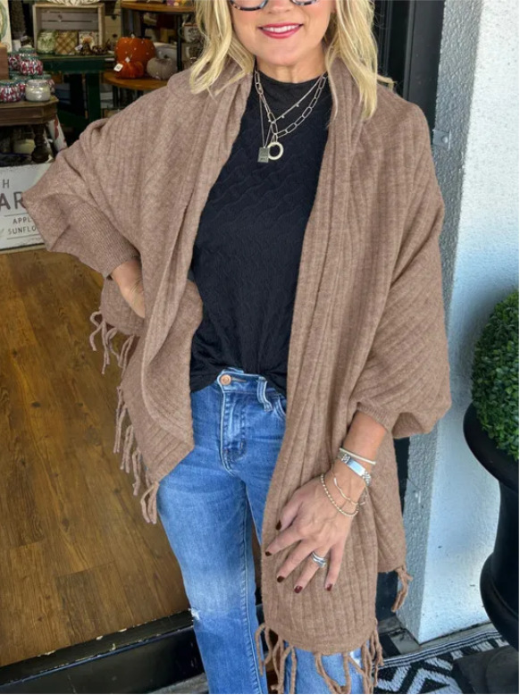 Women's Solid Knit Fringe Shawl Cardigan