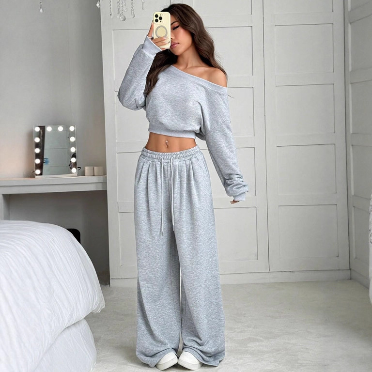 Women's Off-Shoulder Long-Sleeve Knit Sweatsuit Set