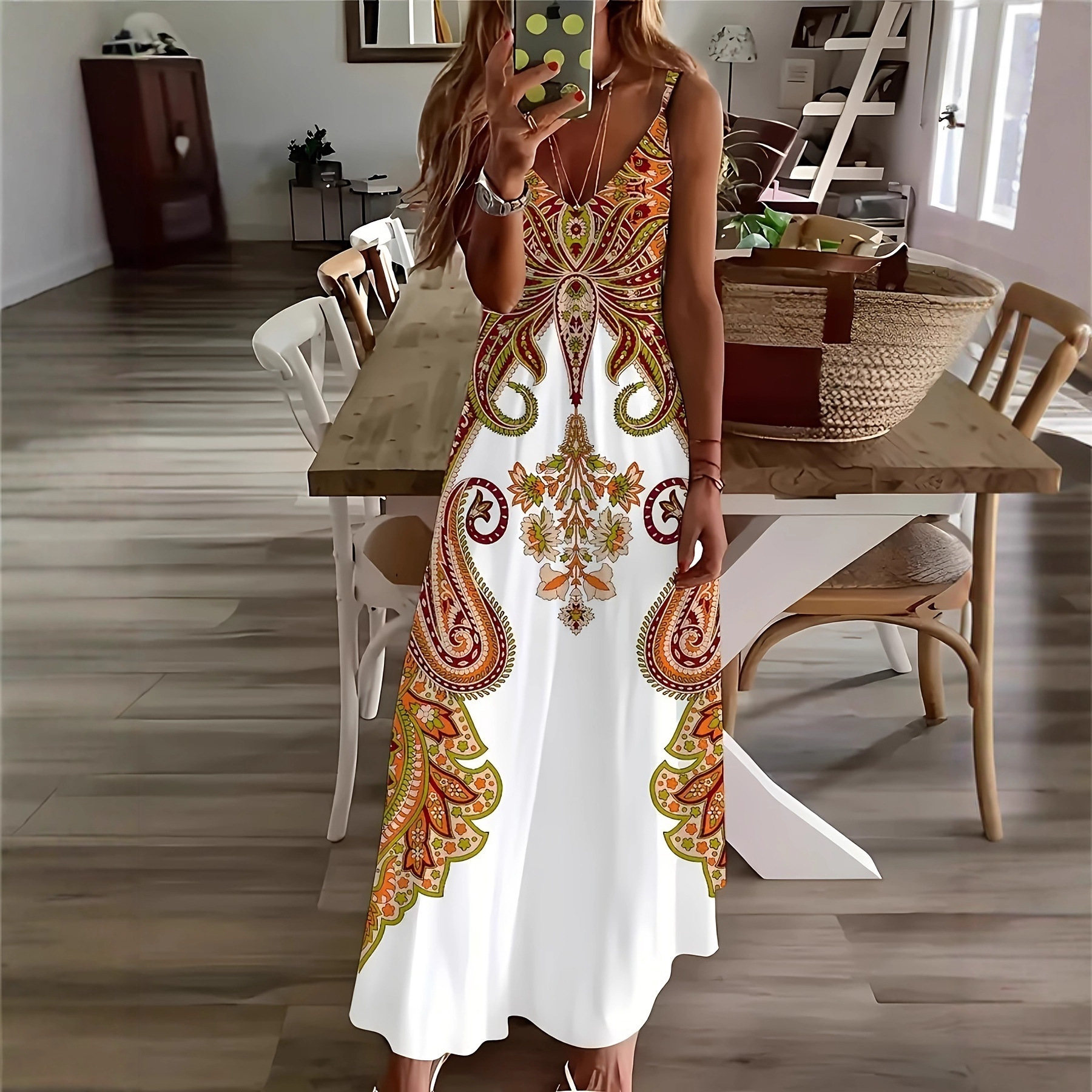 3D Floral Print V-Neck Bohemian Slip Dress