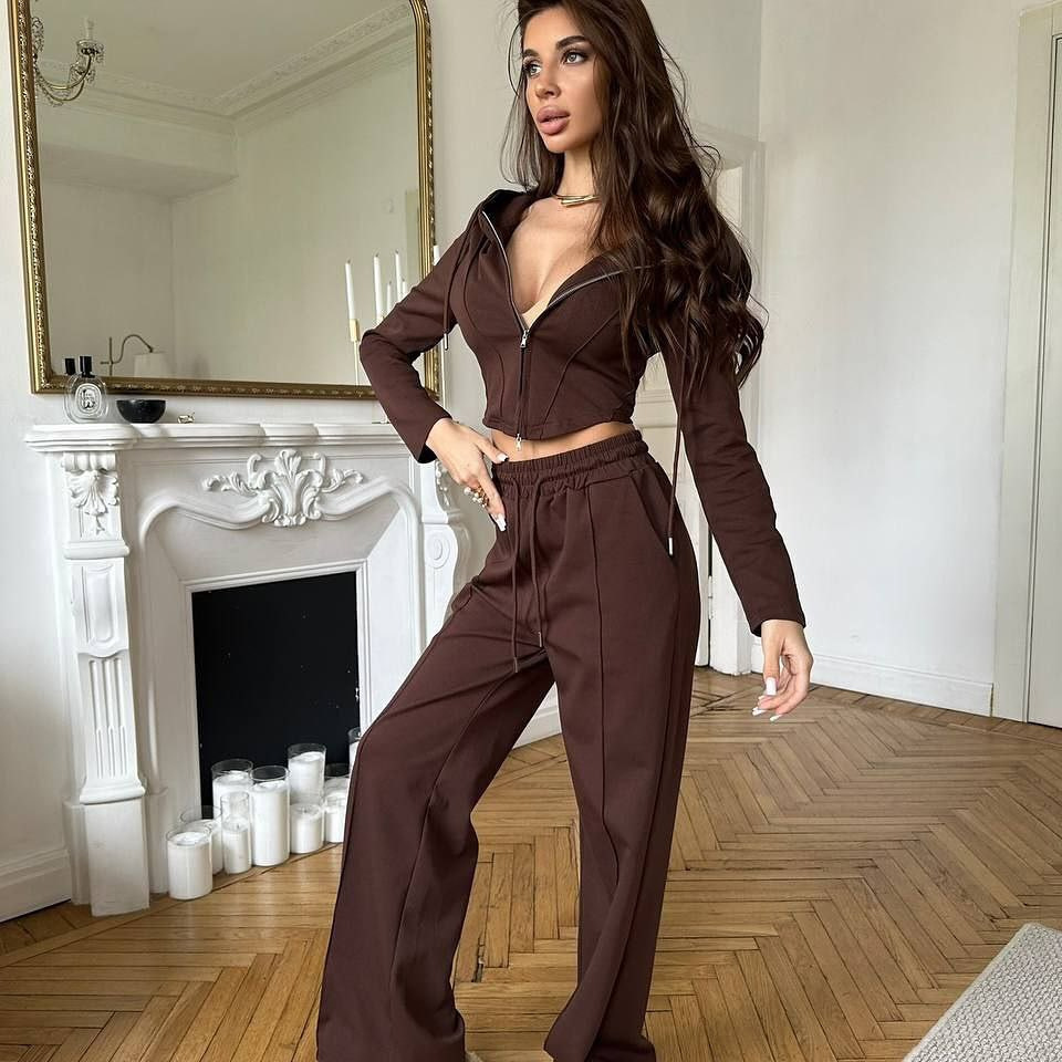 Women's Solid Color Long Sleeve Zip Crop Cardigan and Tie-Waist Pants Two-Piece Set