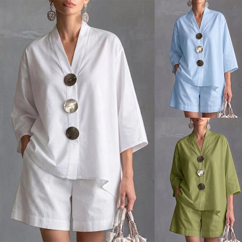 Women's Solid Color 3/4 Sleeve Loose Top High Waist Wide Leg Shorts Set