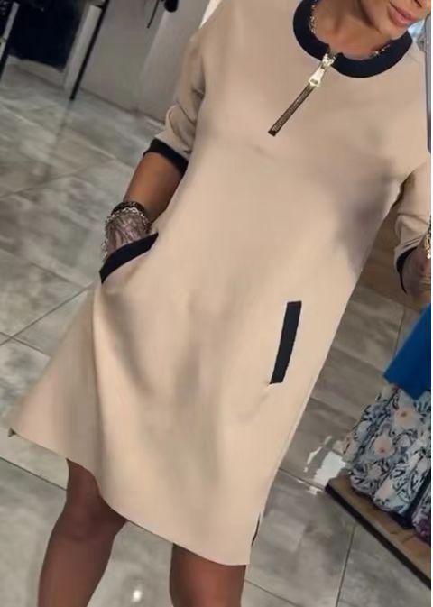 V-Neck Zip Midi A-Line Dress with Three-Quarter Sleeves
