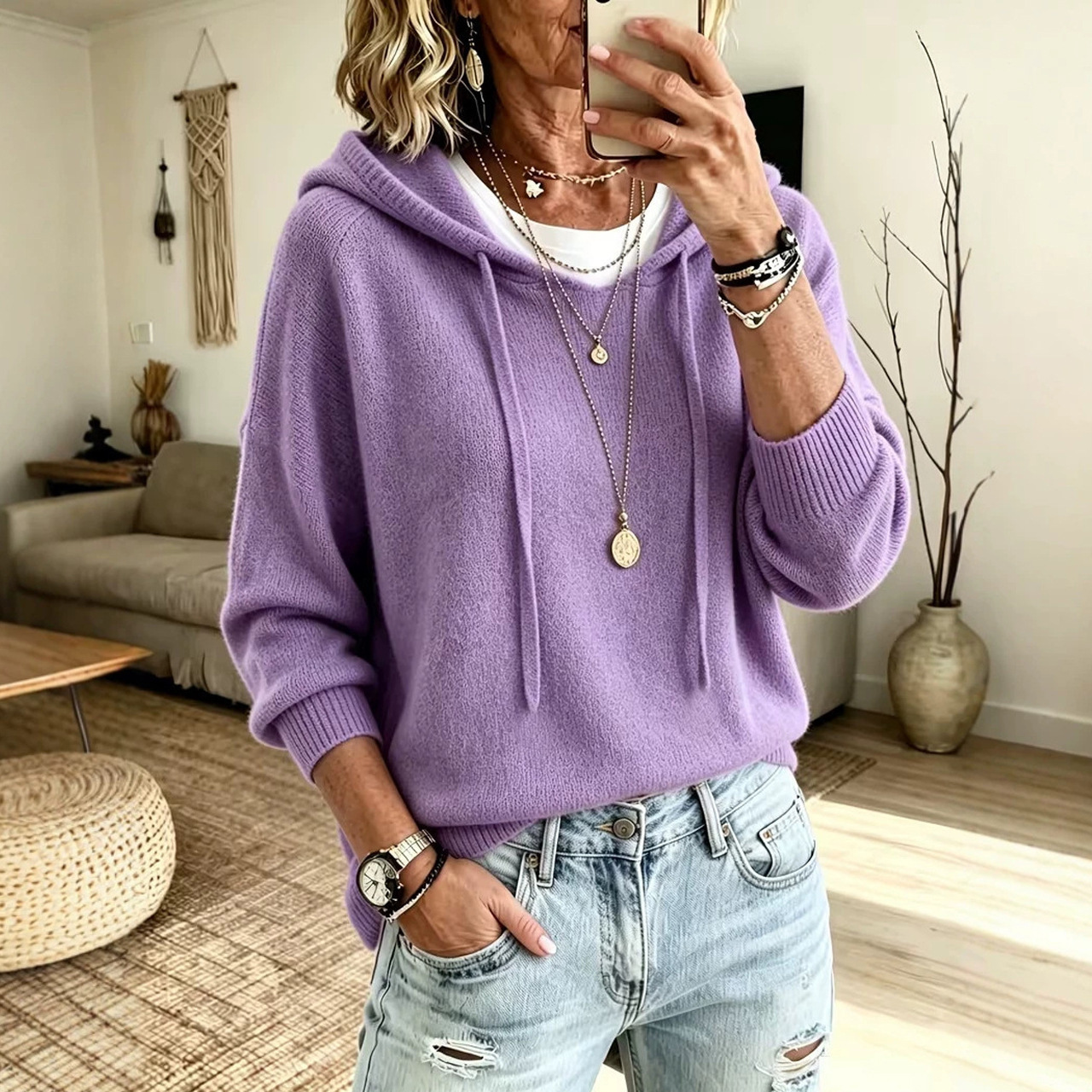 Women's Knit Hooded Drawstring Sweatshirt Loose Fit Pullover