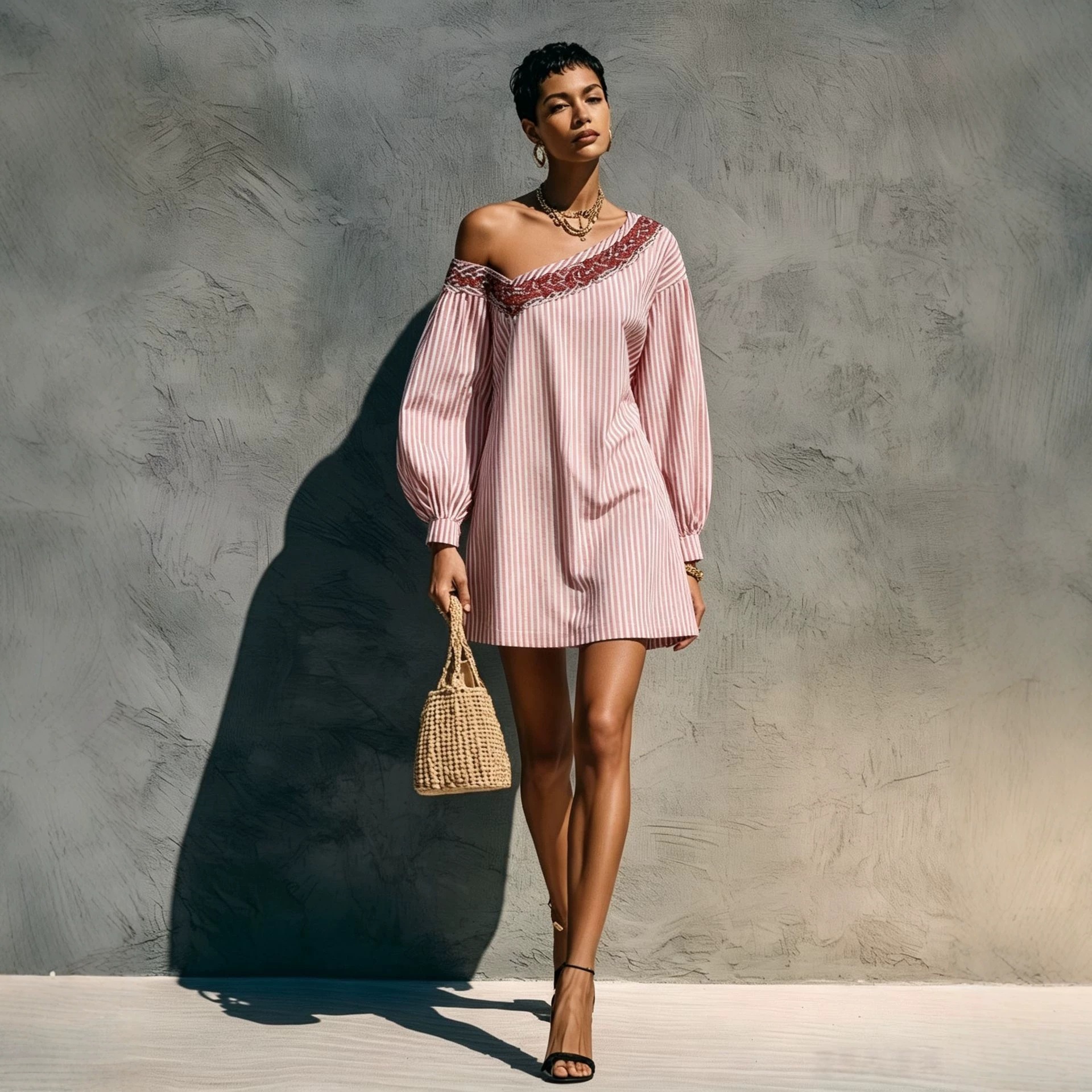 Striped One-Shoulder Long-Sleeve Embroidered Mini Dress