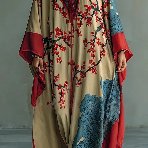 Floral Print V-Neck Bell Sleeve Long Robe Loose Loungewear