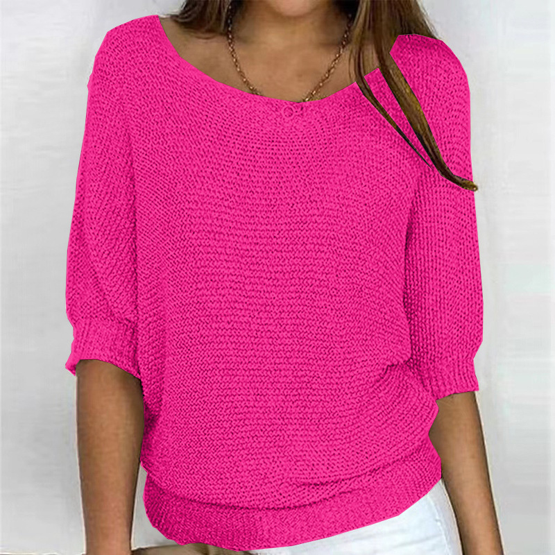 Women's Solid Crewneck Knit Top with Three-Quarter Sleeves