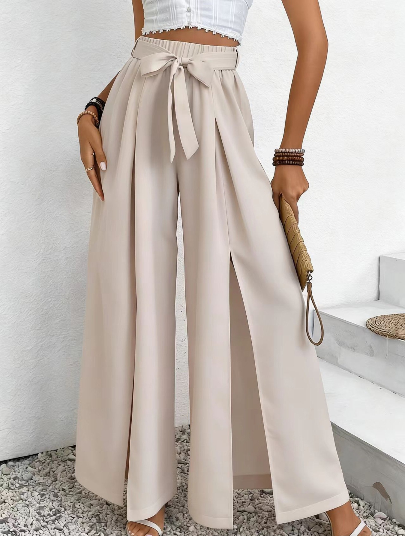 Women's High-Waist Wide-Leg Pants with Tie Belt