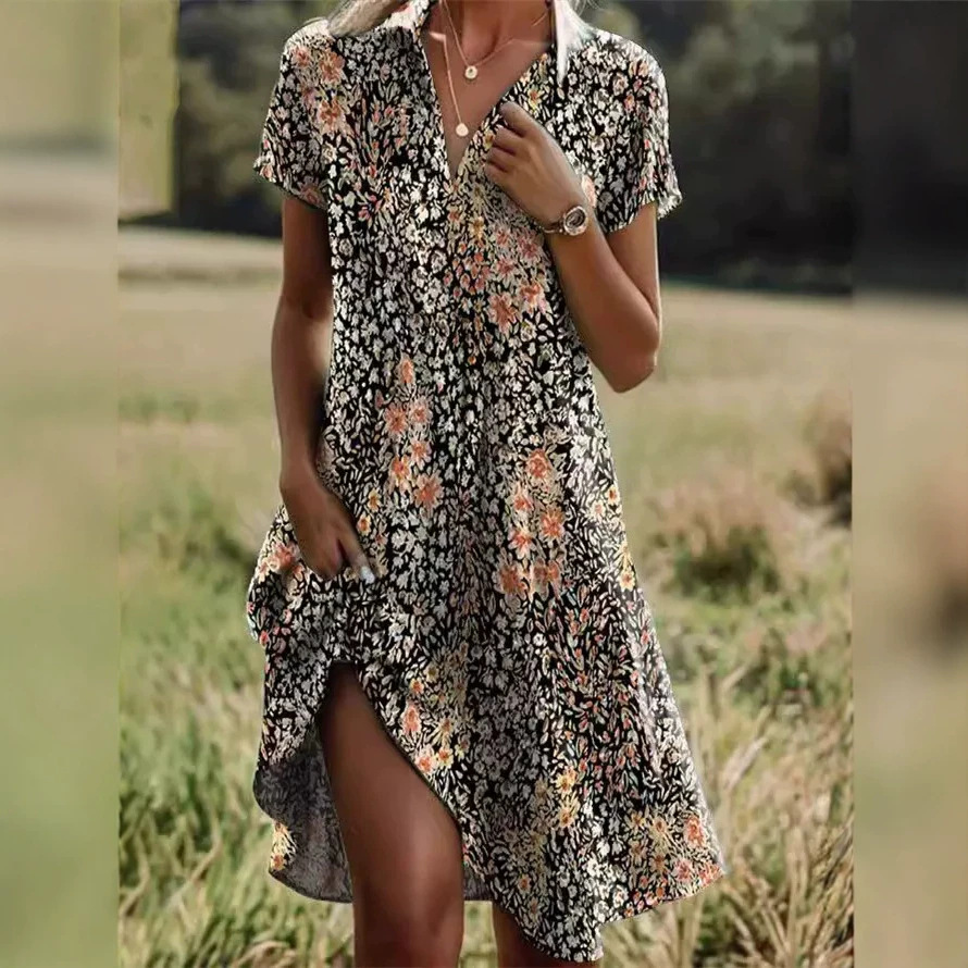 Women's Floral Print Casual Midi Dress Short Sleeve Deep V-Neck Slim Fit