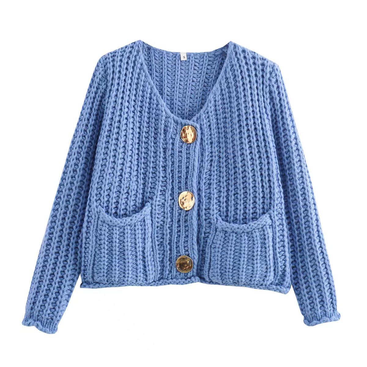 Women's Solid Color Single-Breasted Cropped Chunky Knit Cardigan Sweater