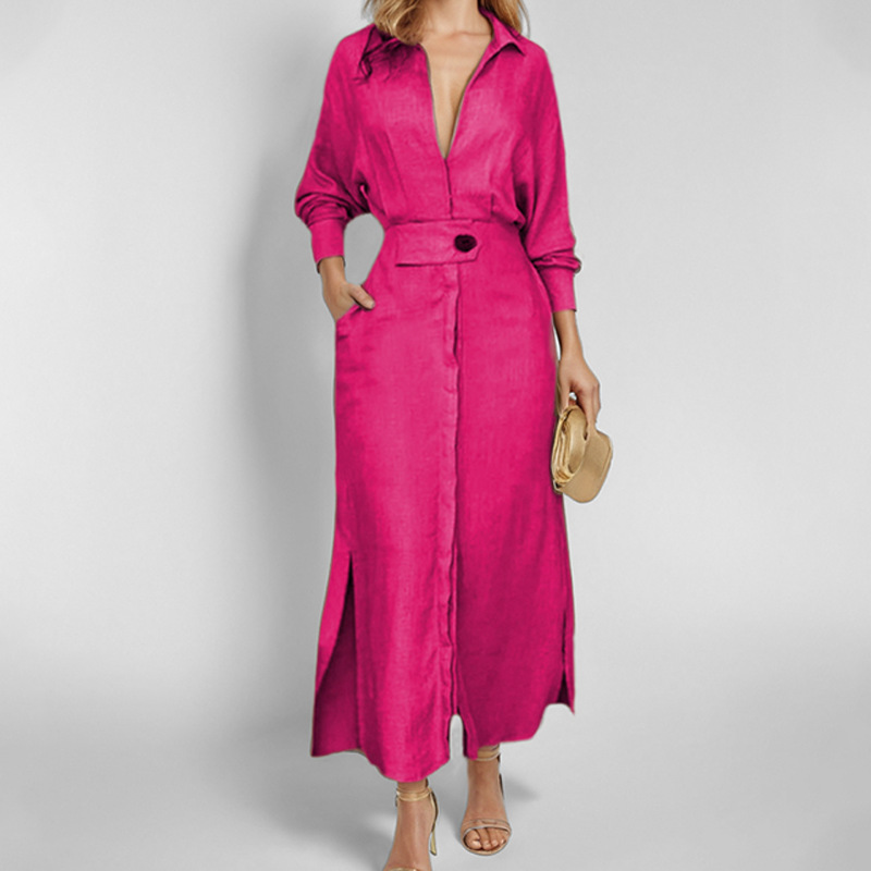 Women's Solid Tie-Waist Long Shirt Dress Commuter